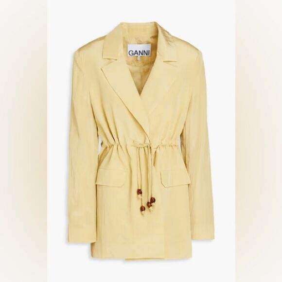 Ganni Bead-Embellished Crinkled Shell Shiny Blazer, Leek Green, NWT, Size 46 - Picture 8 of 14